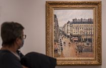 The Impressionist painting 'Rue St.-Honore, Apres-Midi, Effet de Pluie' painted in 1897 by Camille Pissarro on display at the Thyssen-Bornemisza Museum in Madrid.