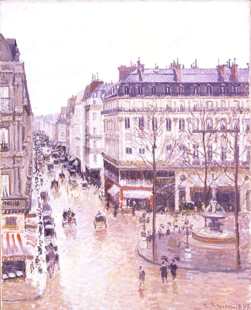 A close-up of the 1897 painting by French impressionist Camille Pissarro 'Rue Saint Honoré, Après-Midi, Effet de Pluie'.