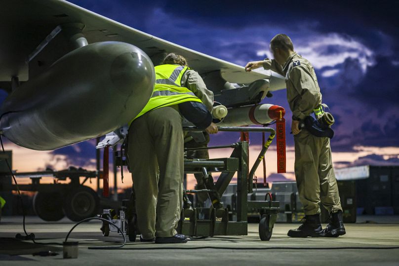 RAF Weapon Technicians prepare RAF Typhoon FRG4 aircraft to conduct further strikes against Houthi military targets in Yemen, February 2024
