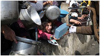 فلسطينيون يصطفون للحصول على طعام مجاني خلال الهجوم الجوي والبري الإسرائيلي المستمر على قطاع غزة في رفح، الثلاثاء، 9 يناير، 2024.
