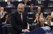 Manfred Weber, az Európai Néppárt elnöke az Európai Parlament strasbourgi ülésén 2023. április 18-án