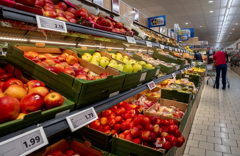 Fruits are pictured in a discounter in Frankfurt, Germany, Thursday, Sept. 28, 2023.