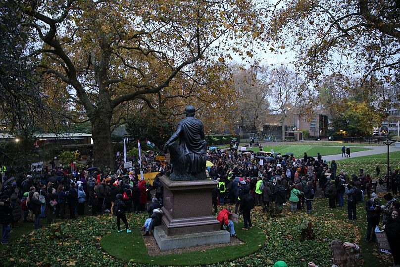Na'amod protest demanding a ceasefire, end of the Siege on Gaza and release of hostages gathers over 800 attendees in Victoria Embankment Gardens, London. 19 November 2023.
