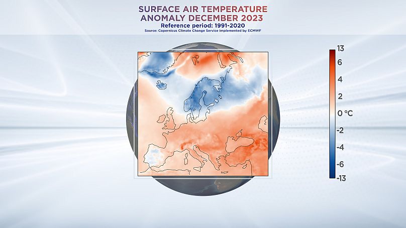 Температурная аномалия приземного слоя воздуха в декабре 2023 года по данным Службы изменения климата Copernicus