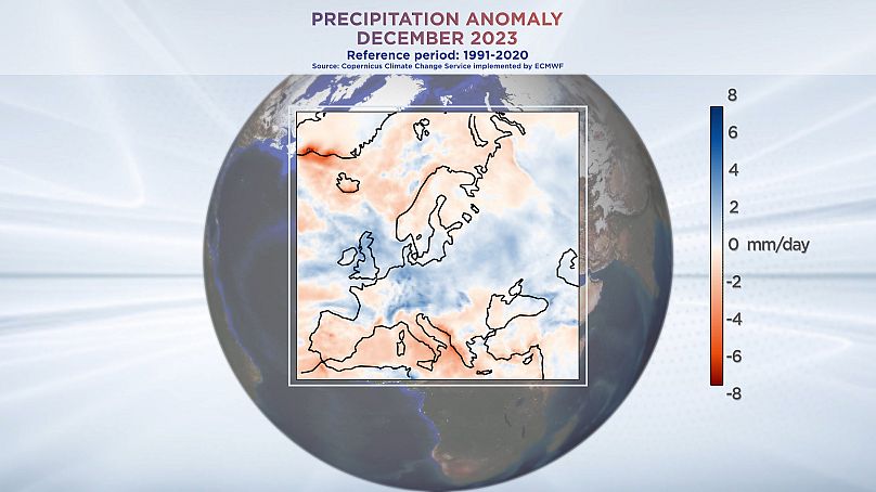 Anomalía de precipitaciones en diciembre de 2023 del Servicio de Cambio Climático de Copernicus