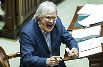 Vittorio Sgarbi shouts as he argues with other lawmakers during a debate on Justice in Italy's parliament in 2020. He was later carried out of the Chamber of Deputies.