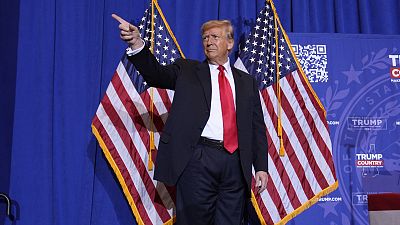 Republican presidential candidate former President Donald Trump arrives at a campaign event in Atkinson, N.H., Tuesday, Jan. 16, 2024. 