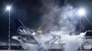Enteisung eines Flugzeugs auf dem Frankfurter Flughafen. 17. Januar 2024