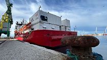The Sos Mediterranee-run charity rescue ship, Ocean Viking, is moored in Bari, southern Italy, Monday, Jan. 8, 2024.