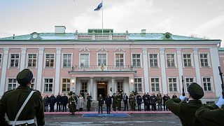 Estonia's President Alar Karis, centre, and Ukrainian President Volodymyr Zelenskyy attend a welcoming ceremony, in Tallinn, Estonia, Thursday, Jan. 11, 2024. 
