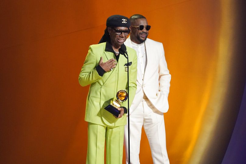Nile Rodgers and Terius "The Dream" Nash accept the award for best R&B song for "CUFF IT" on the behalf of Beyonce at the 65th annual Grammy Awards on 5 February 2023.