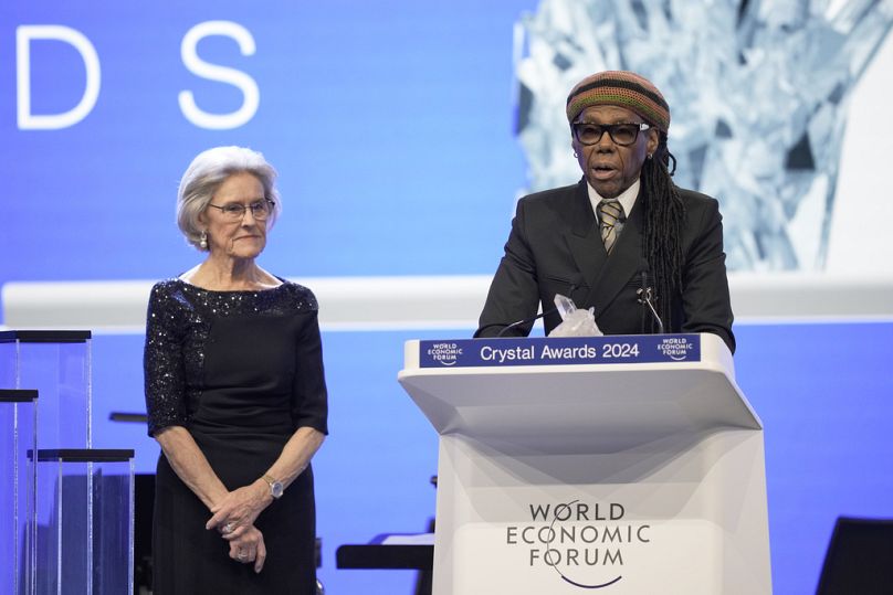 Nile Rodgers speaks after receiving a Crystal Award from Hilde Schwab, opening ceremony of the World Economic Forum in Davos, Switzerland, 2024.