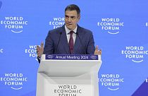 Pedro Sanchez, Spains Prime Minister delivers his speech at the Annual Meeting of World Economic Forum in Davos, Switzerland, Wednesday, Jan. 17, 2024. 