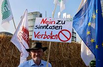Un agriculteur allemand soutenant la proposition de loi de l'UE sur le Green Deal manifeste devant le Parlement européen, le 11 juillet 2023 à Strasbourg, dans l'est de la France. 