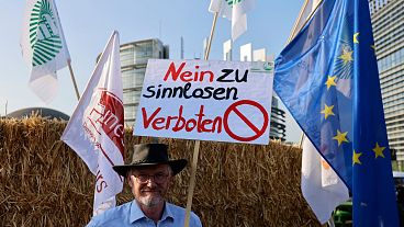 A German farmer supporting the EU's Green Deal proposed bill demonstrates outside the European Parliament, 11 July 2023 in Strasbourg, eastern France. A German farmer supporting the EU's Green Deal proposed bill demonstrates outside the European Parliament, 11 July 2023 in Strasbourg, eastern France.