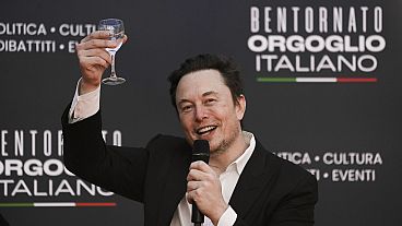 Tesla and SpaceX's CEO Elon Musk cheers as he speaks at the annual political festival Atreju, in Rome on Dec. 16, 2023. 