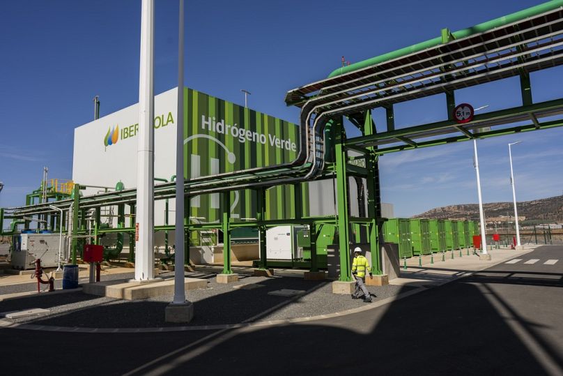 A green hydrogen plant sits in Puertollano, central Spain, March 2023