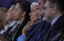 Christine Lagarde, az Európai Központi Bank elnöke részt vesz egy panelbeszélgetésen a Világgazdasági Fórum éves találkozóján Davosban
