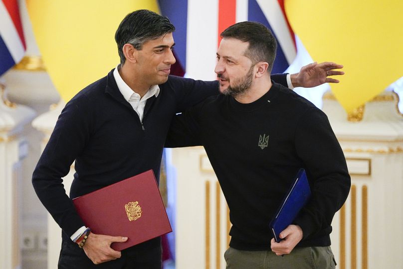 Rishi Sunak brit miniszterelnök és Zelenszkij ukrán elnök, Kijev, 2024 január 12.