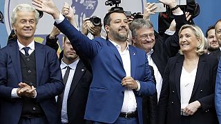 From left, Geert Wilders, leader of Dutch Party for Freedom, Matteo Salvini, Jörg Meuthen, leader of Alternative For Germany party, and Marine Le Pen, attend a rally.