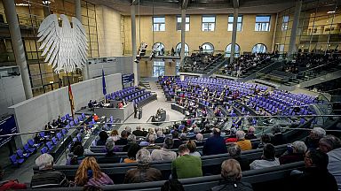 General view of the plenary chamber in the Bundestag, at the Reichstag building in Berlin, Germany, Thursday, Jan. 18, 2024. 