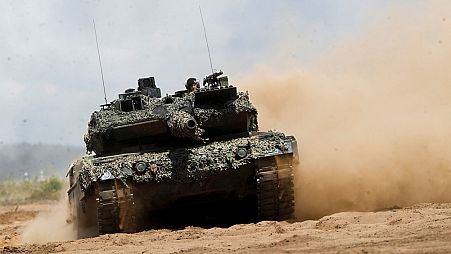 FILE - A Germany army Main battle tank Leopard 2A6 takes part in the Lithuanian-German military exercise north of the capital Vilnius, Lithuania on Monday, June 26, 2023. 