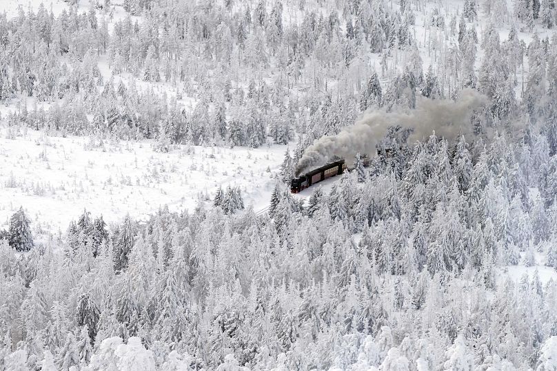 A steam train travels through a snow covered landscape on the way to northern Germany's 1,142-meter highest mountain 'Brocken' near Schierke, Germany, Jan. 17, 2024