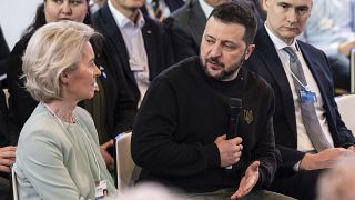 European Commission president Ursula von der Leyen speaks with Ukraine's President Volodymyr Zelenskyy in Davos