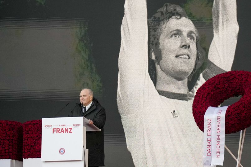 Bayern Honorary President Uli Hoeness speaks during a memorial service for Bayern and Germany legend Franz Beckenbauer