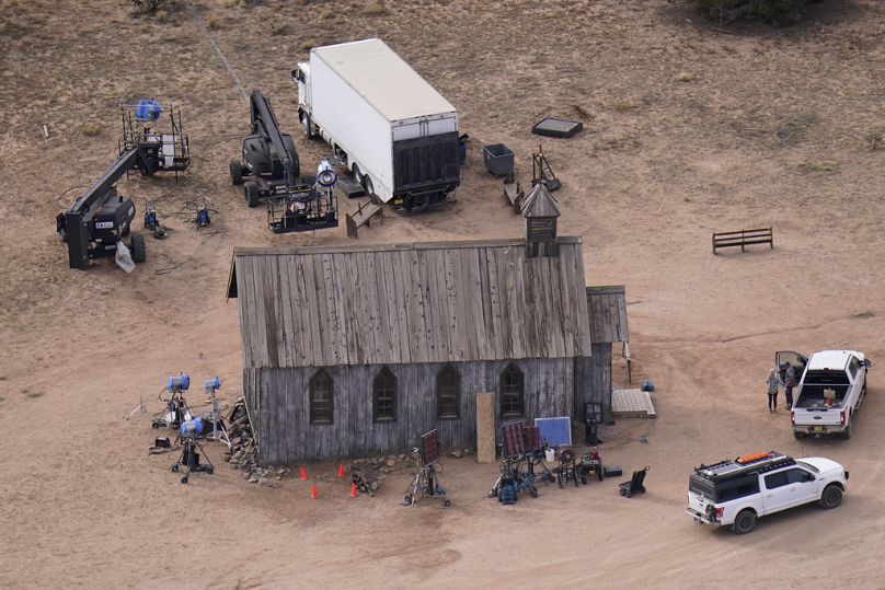 Aerial photo shows a film set at the Bonanza Creek Ranch in Santa Fe, N.M., Oct. 23, 2021.