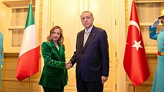Der türkische Staatspräsident Erdogan empfängt die italienische Ministerpräsidentin Meloni im Vahdettin-Pavillon im asiatischen Teil Istanbuls, 20. Januar 2024.  
