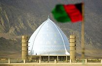 An Afghan flag is seen flying near Eidgah Mosque in Afghanistan
