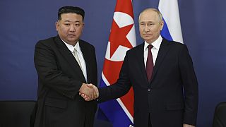 Russian President Vladimir Putin and North Korea's leader Kim Jong Un shake hands during their meeting at the Vostochny cosmodrome outside the city of Tsiolkovsky, Russia 