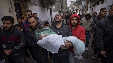 Mohammad Shouman carries the body of his daughter, Masa, who was killed in an Israeli bombardment of the Gaza Strip, during her funeral in Rafah, southern Gaza