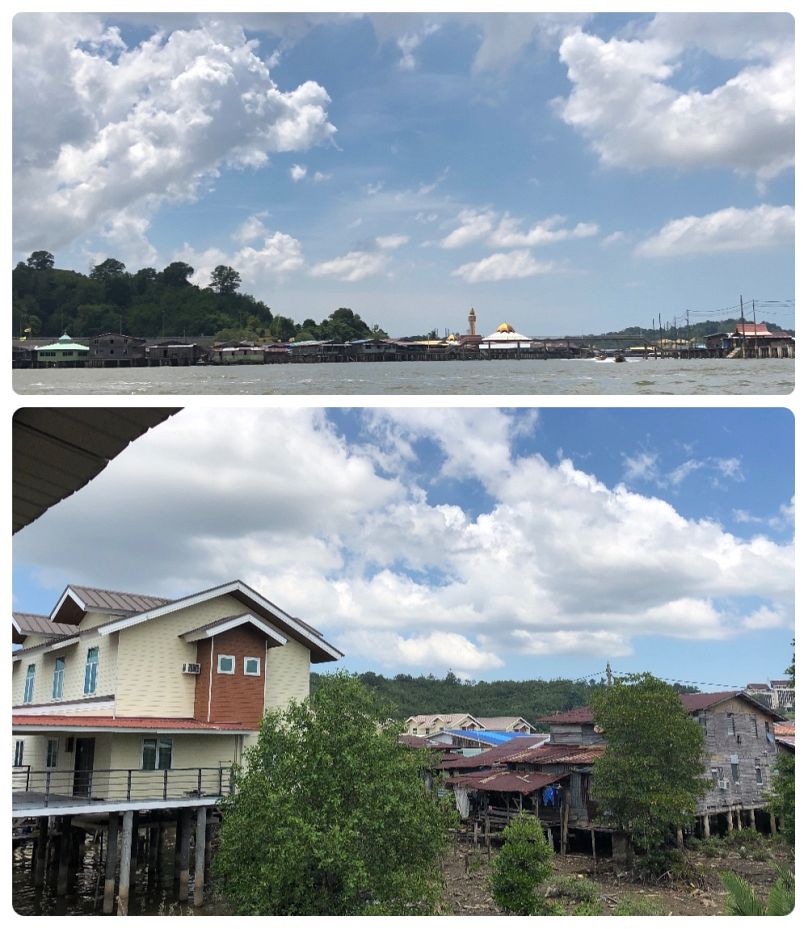 Cölöpházak a Brunei folyón Bandar Seri Begawan mellett, mögöttük pedig korhadt viskók, 2019 februárjában