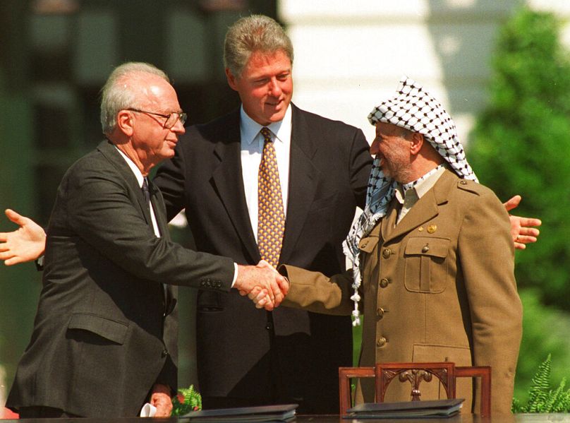 Rabin, Clinton és Arafat Washingtonban, 1993, szeptember 13.