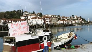 A banner reads "State + NGOs equals death of small-scale fishing" in the port of Saint-Jean-de-Luz, southwestern France.