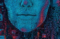 Abstract lanscape made of tiny cubes and human-like face, artificial intelligence concept 