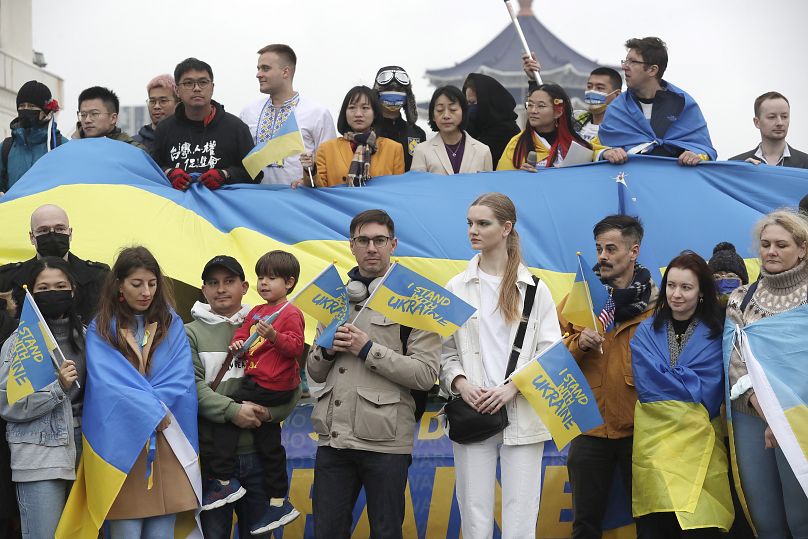 دیاسپورای اوکراینی در تایوان و جمعی از تایوانی‌های طرفدار کی‌یف به تاریخ ۲۵ وریه ۲۰۲۵