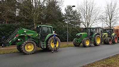 Farmers gather before a demonstration Tuesday, Jan. 23, 2024 near Beauvais, northern France.