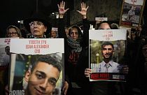 Relatives and supporters of the Israeli hostages held in the Gaza Strip by the Hamas militant group attend a protest calling for their release