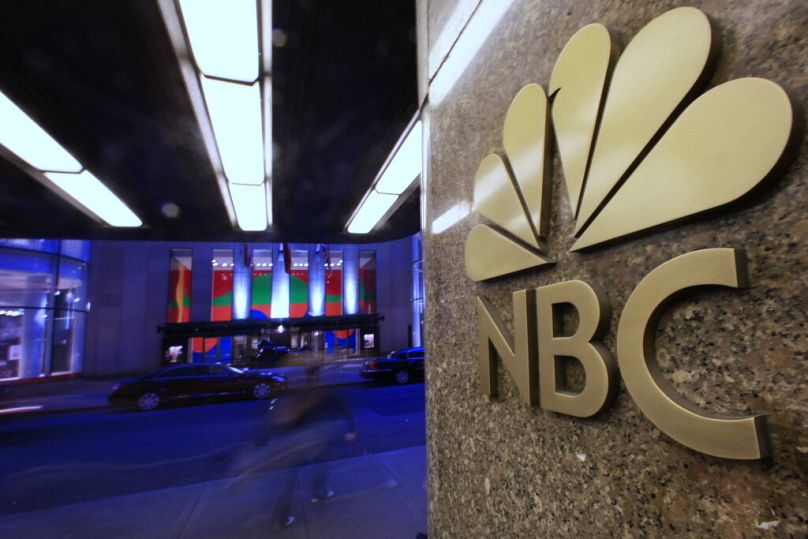FILE - This Aug. 21, 2009, file photo shows the NBC logo at its headquarters in New York.