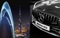 The plans for the Mercedes-Benz tower in Dubai, next to one of their cars