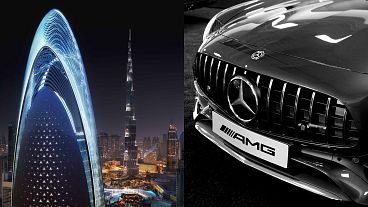 The plans for the Mercedes-Benz tower in Dubai, next to one of their cars