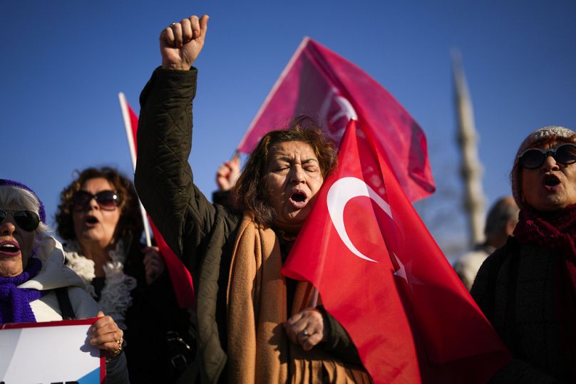 People shout slogans during a protest against the Sweden's NATO membership called by Turkish Vatan, or Patriotic Party, in Istanbul, Turkey, Tuesday, Jan. 23, 2024.