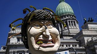 Une effigie du président argentin Javier Milei couverte de serpents devant le Congrès argentin où les manifestants ont défilé lors d'une grève nationale, mercredi 24 janvier.