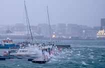 Boats in the harbour of Bodø, northern Norway, following Storm Ingunn, 1 February 2024.