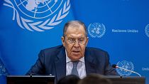 Russia Foreign Minister Sergey Lavrov speaks at a media briefing on Wednesday, Jan. 24, 2024, at United Nations Headquarters.