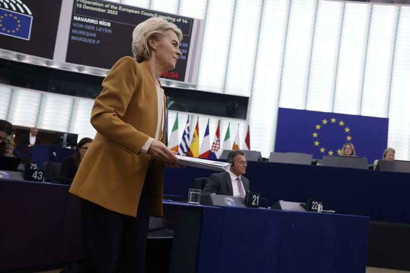 European Commission President Ursula von der Leyen arrives to deliver her speech during a European Parliament session in Strasbourg, December 2023