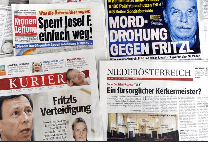 The front pages of various Austrian newspapers during Josef Fritzl's trial.